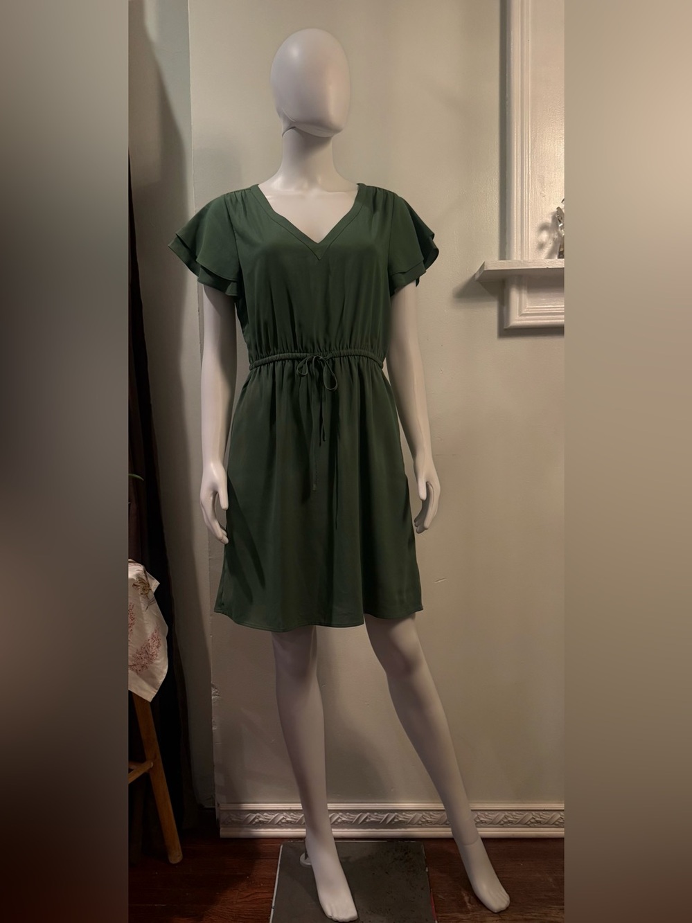 Goodthreads Dark Olive V-Neck Tie-Waist Flutter Mini Dress